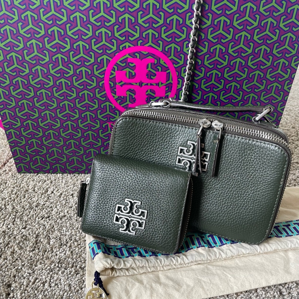 Tory Burch Dark Green Leather Bag and Wallet Set